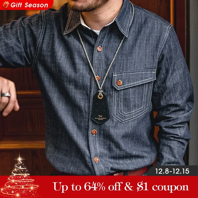 Maden Chemise en denim rétro, fine et à manches longues, avec col à revers et détails en couture. En coton, idéale pour les hommes au printemps et