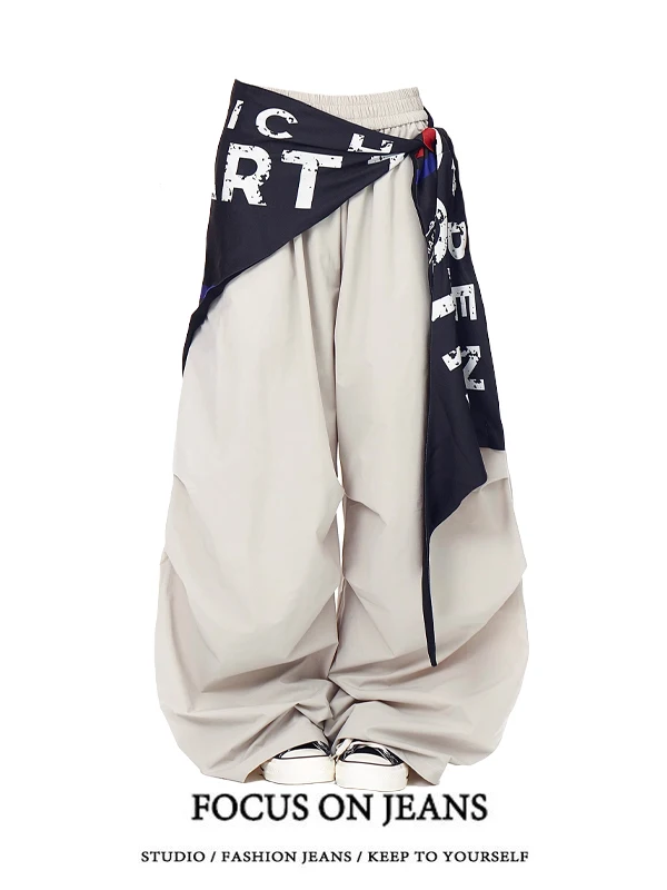 

Американские модные свободные широкие повседневные брюки для женщин, летние новые струящиеся брюки с поясом, с высокой талией, длинные, из полиэфирного волокна