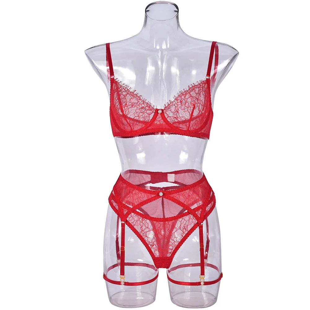 Womens Bras G-string Suit Garter Belt Splicing Mesh Sexy Comfortable See-Through Sexy Lingerie Four-Piece Set Porn Sex Costumes