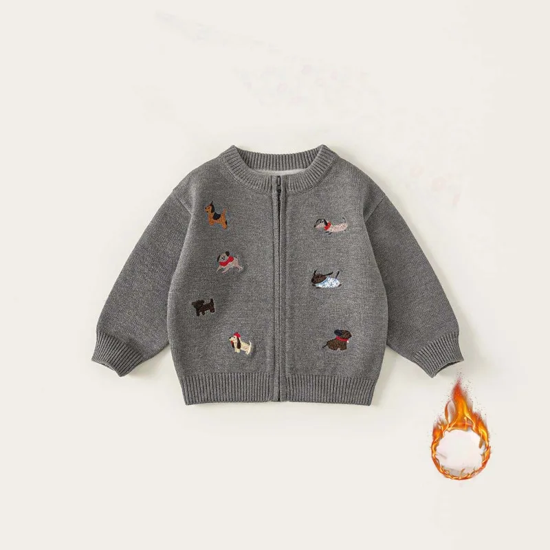 UNITIM Herbst Kinder Jungen Pullover Strickjacke mit Hundestickerei 2-8 Jahre Kinder Jungen Strickwaren Langarm Oberbekleidung Mantel für Babys Jungen – Detail 1