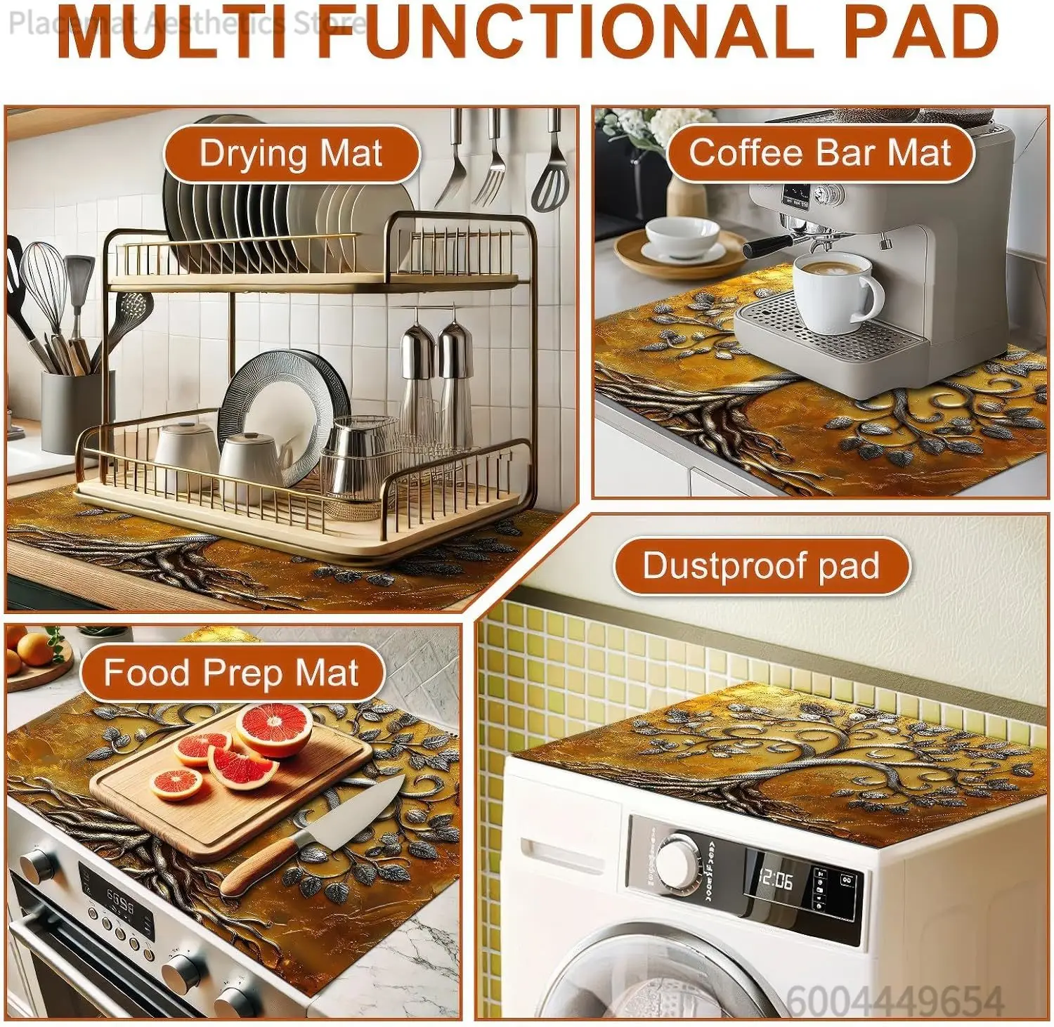 Silver Tree of Life Diatomite Stove Top Cover Heat Resistant Non Slip Mat for Electric Cooktop Coffee Maker Sink Decor Pad