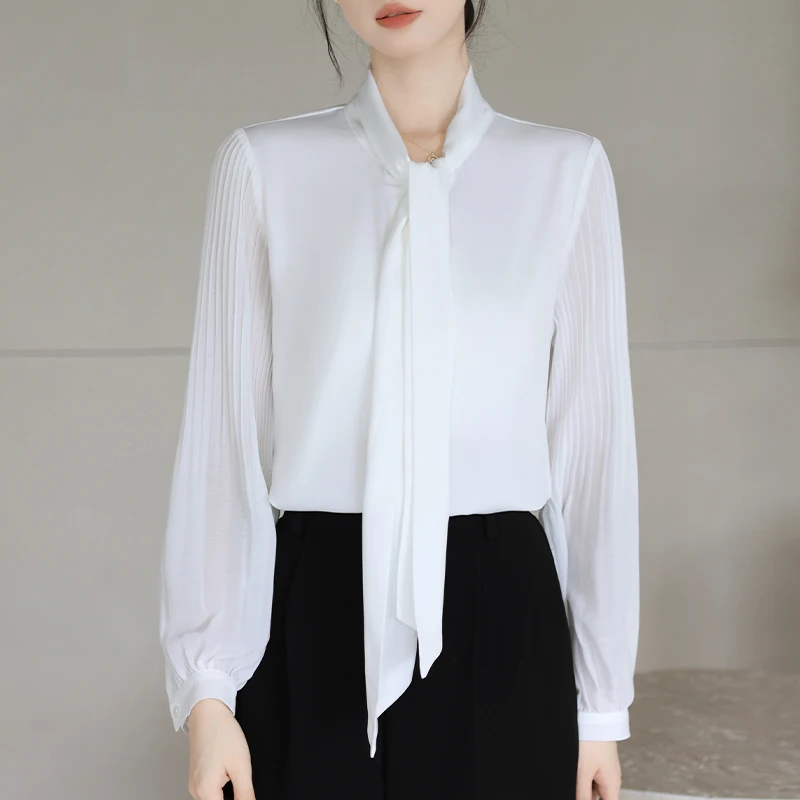 

Long Pleated Sleeve Sweet Pink Bow-Neck Women's Blouses 2025 New Fashionable White Shirts Office Lady Work Wear Chiffon Tops