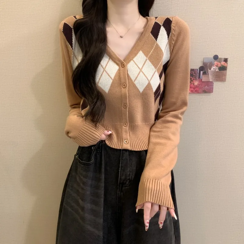 Sle coreano da donna lavorato a maglia con bottoni V-Ne Slim Fit Or Sve Cardigan modello diamante abbigliamento casual autunno inverno nuovo Ar...