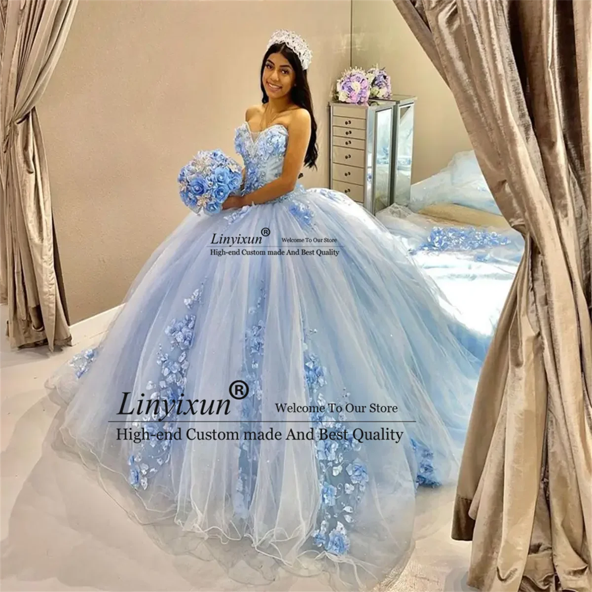 

Princess Light Blue Quinceanera Dresses Handmade Flowers Ruffle Ball Gown 15 16 Year Old Girls Celebrity Birthday Party 2024