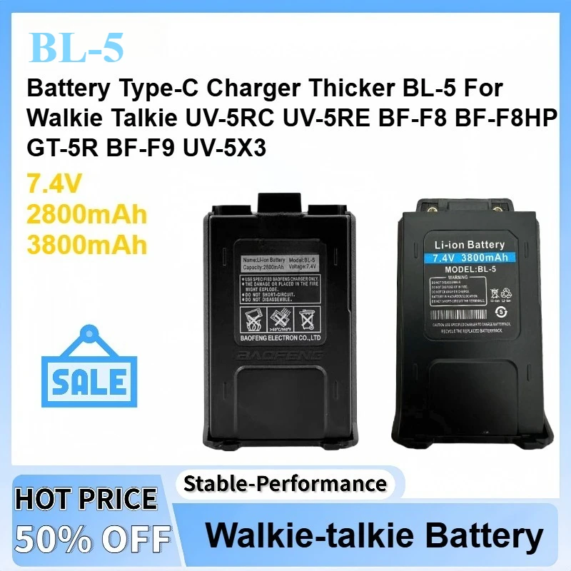 

7.4V 2800mAh/3800mAh Thicker BL-5 Battery Type-C Charger For UV5R Walkie Talkie UV-5RC UV-5RE BF-F8 BF-F8HP GT-5R BF-F9 UV-5X3