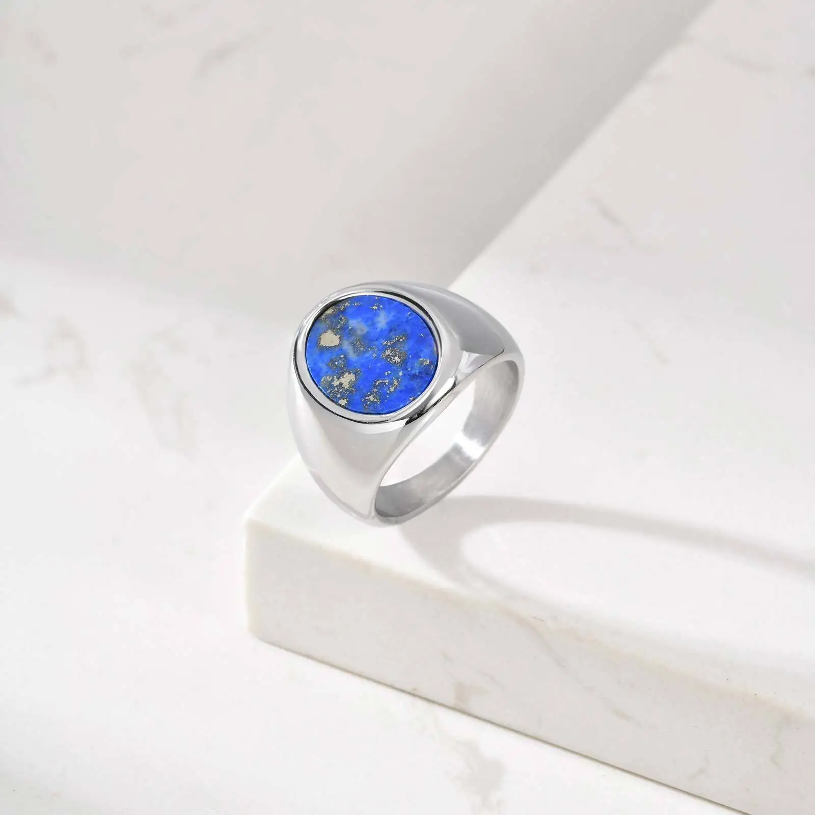 

Blue Natural Stone Oval Ring for Men,Lapis Lazuli Stainless Steel Waterproof Ring,Cool Hip Hop Jewelry Gift