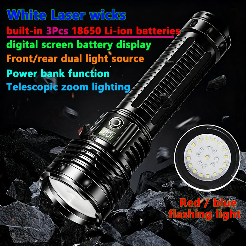 

Белый лазерный мощный фонарик, ультра яркий уличный фонарь дальнего действия для съемки, перезаряжаемый мощный сверхдлительный свет