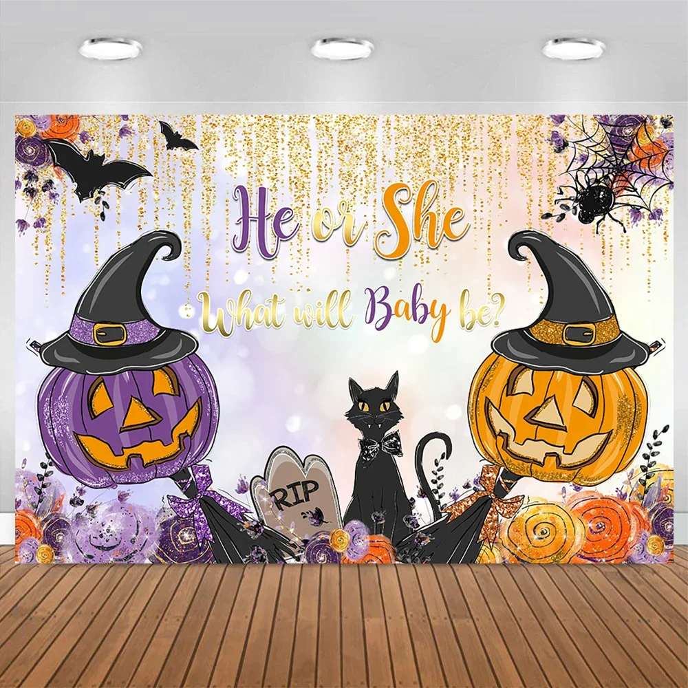 Toile de Fond de Citrouille d'Halloween pour Révéler le Sexe du Bébé, Décor de Photographie, Araignée, Chauve-Souris, Sorcière, Fond de cimetière, Studio d'Anniversaire pour Nouveau-Né