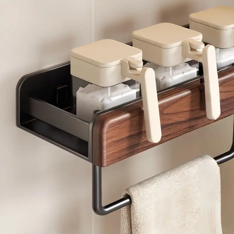 Antique‑Style Walnut Kitchen Seasoning Rack, No‑Drill Wall‑Mount Organizer,Household Punch‑Free Spice Storage Holder for Kitchen