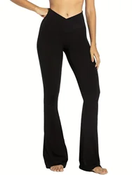 Flared Fitness Pants Knitted Women's Solid V-Waist Sports Bell-Bottoms Korean Fashion Pants Black Flare Leggings Wide Waistband