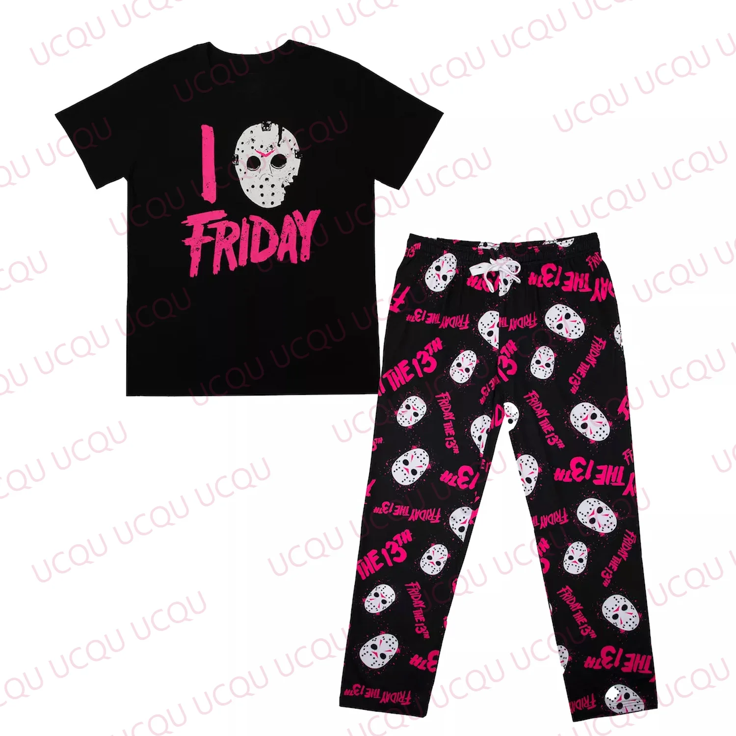 Friday the 13th Adult Juniors Black Sleepwear Set Cotton Tee Shirt and Sleep Pants Oversized Adult/Kids Pajama Long Pants