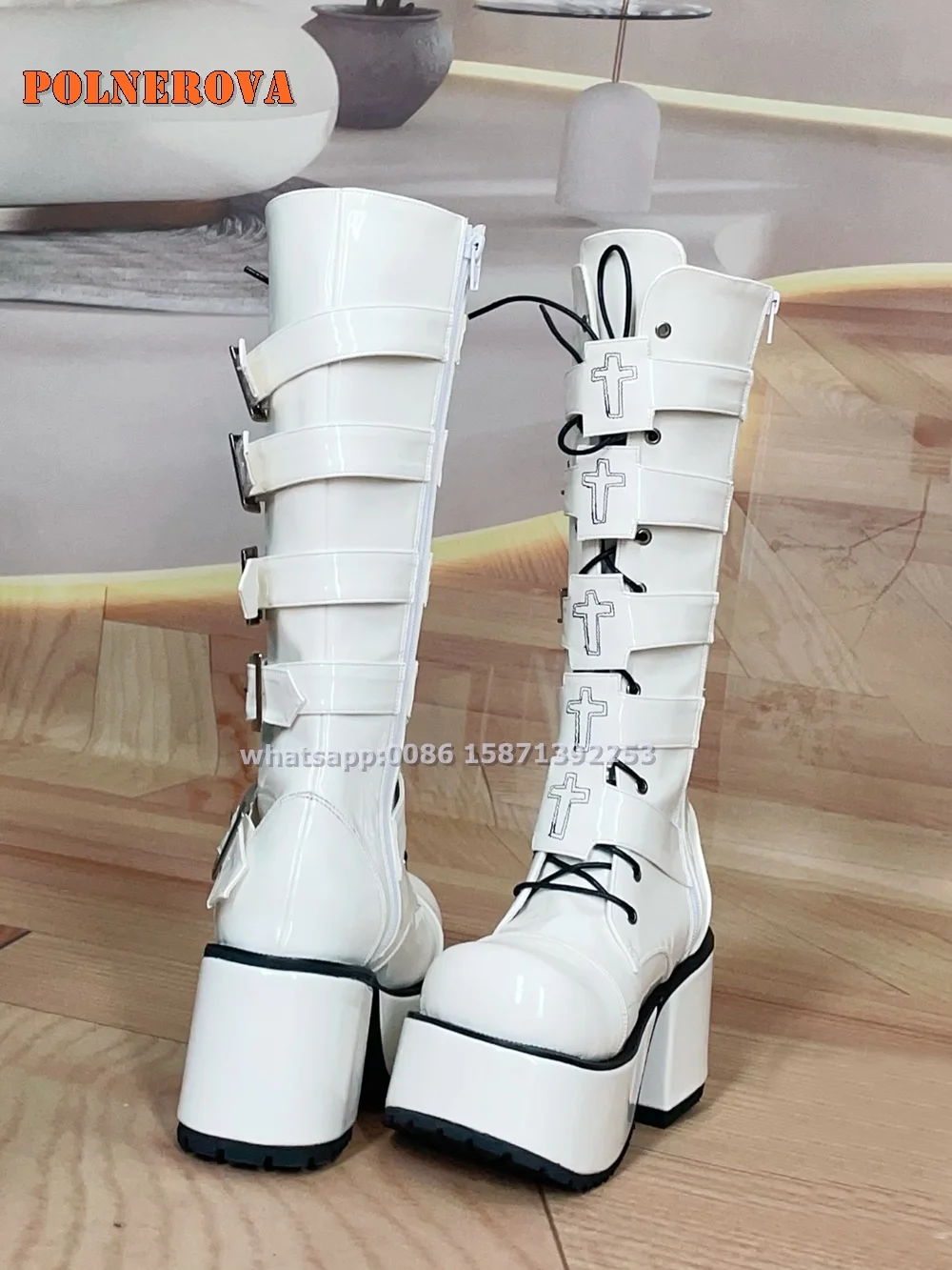 Platform Belt Buckle Zipper Red Knee High Boots Round Toe Chunky Heels Cross Tied Punk Motorcycle Boots Plus Size 2024 Trend