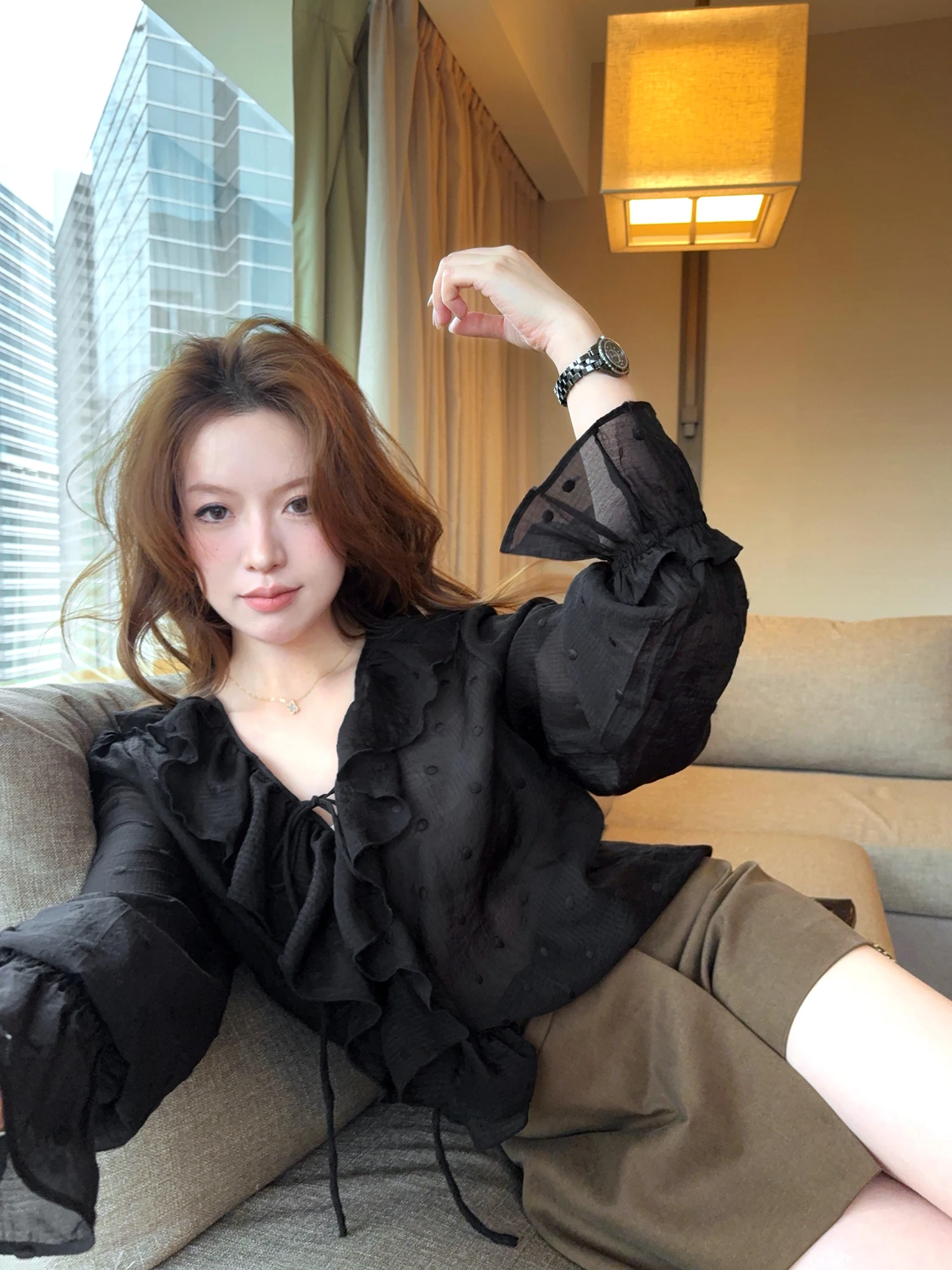 

Retro Embroidered Polka Dot Lace Collar Casual Long Sleeve V Neck Shirt Women Loose Comfortable Breathable Nylon Fiber Top