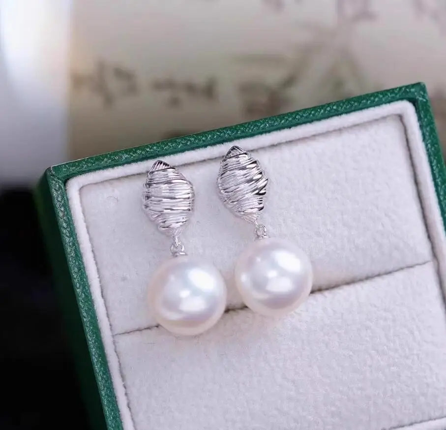 Stunning Pair of 9-10mm 10-11mm natural south sea white round pearl earring 925s