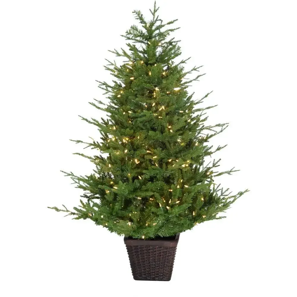 Adirondack Potted Christmas Tree 5-Ft Pre Lit Warm White LED Lights PVC Indoor Outdoor Holiday Decor Easy Setup Maintenance-Free