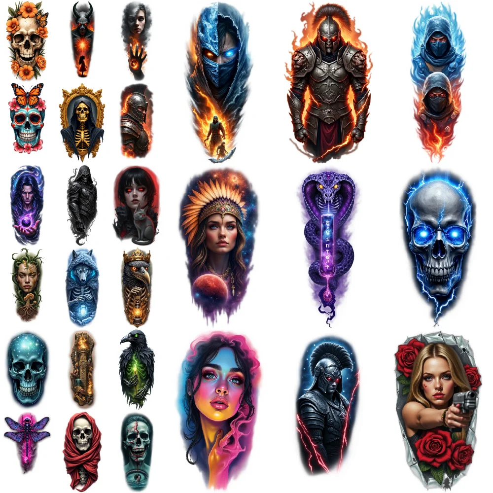 

9pcs Temporary Tattoo Waterproof Long-lasting Body Stickers Fiery Hand Crow Skeleton In Frame For Male Thighs Back