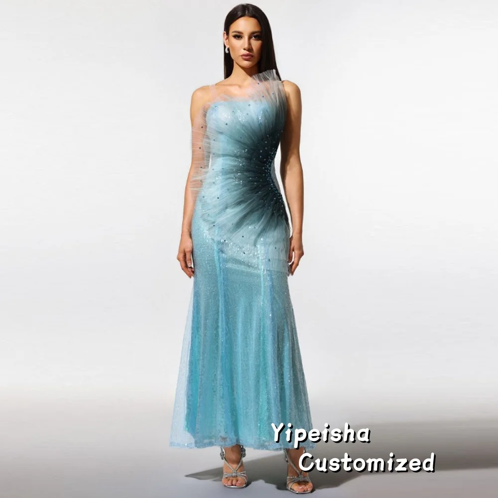 

Customized Sequins Mermaid Prom Dress Sparkling Tulle Evening Dress Adult Ceremony Dress 3D Embellished Gown Ankle-Length