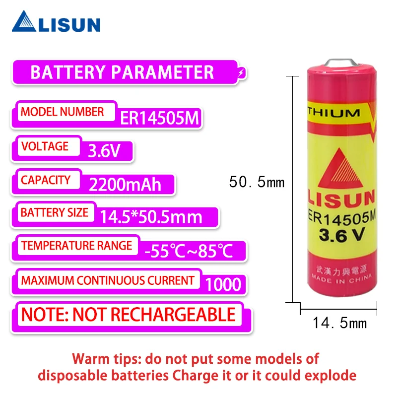 LISUN ER14505M 3.6V Disposable Lithium Battery Intelligent Water Meter Flowmeter Gas Meter Non-rechargeable