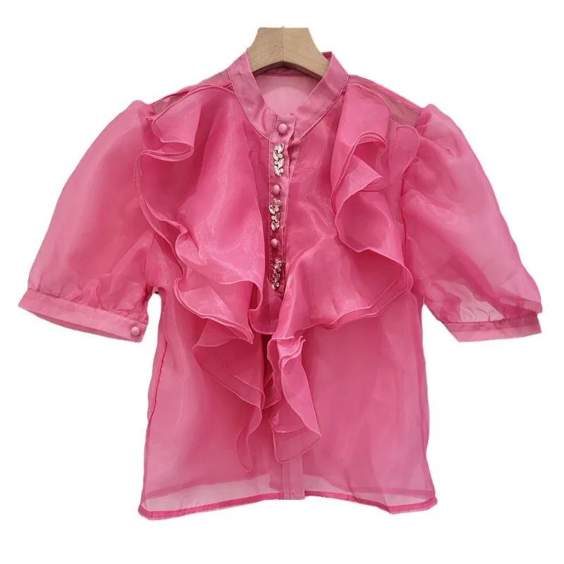 Sweet Refined Rhinestone Stand Collar Ruffle Chiffon Shirt for Women Summer Retro Puff Sleeve Mesh Versatile Temperament Shirt