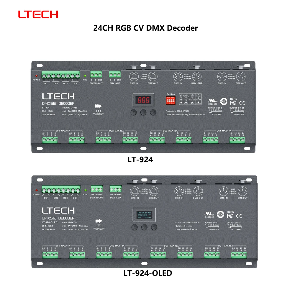 

LTECH LT-924 DC12-24V DMX512/RDM 24/32/40CH 3A/CH CV 8/16bit Digital Display XLR3pin RJ45 PWM Decoder For RGB/RGBW/RGBWY Lamps