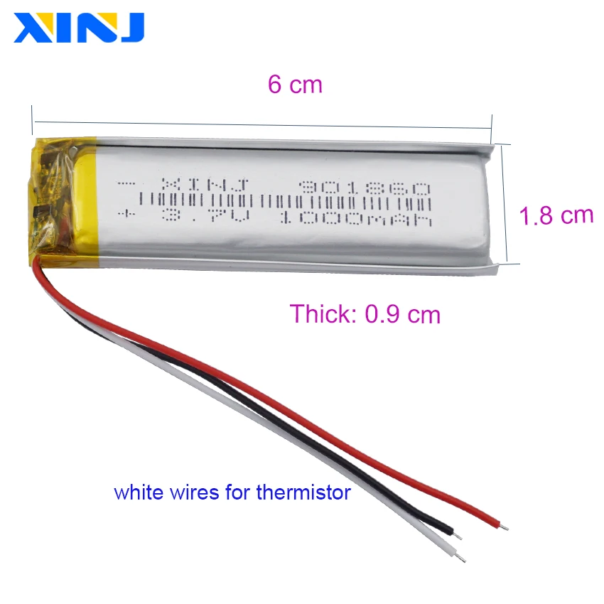 3.7V 1000mAh 3.7Wh Polymer Lipo Rechargeable Battery 3 Wire Thermistor 901860 For Cellular Line Interphone Sport GPS Car DashCam