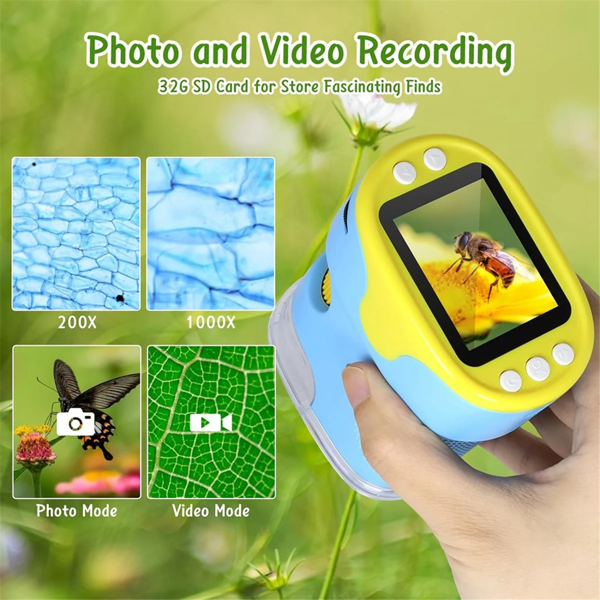 Handheld Digital Microscope for Kids with 2inch HD Screen, 200-1000X Pocket Microscope, Educational Gift for Children