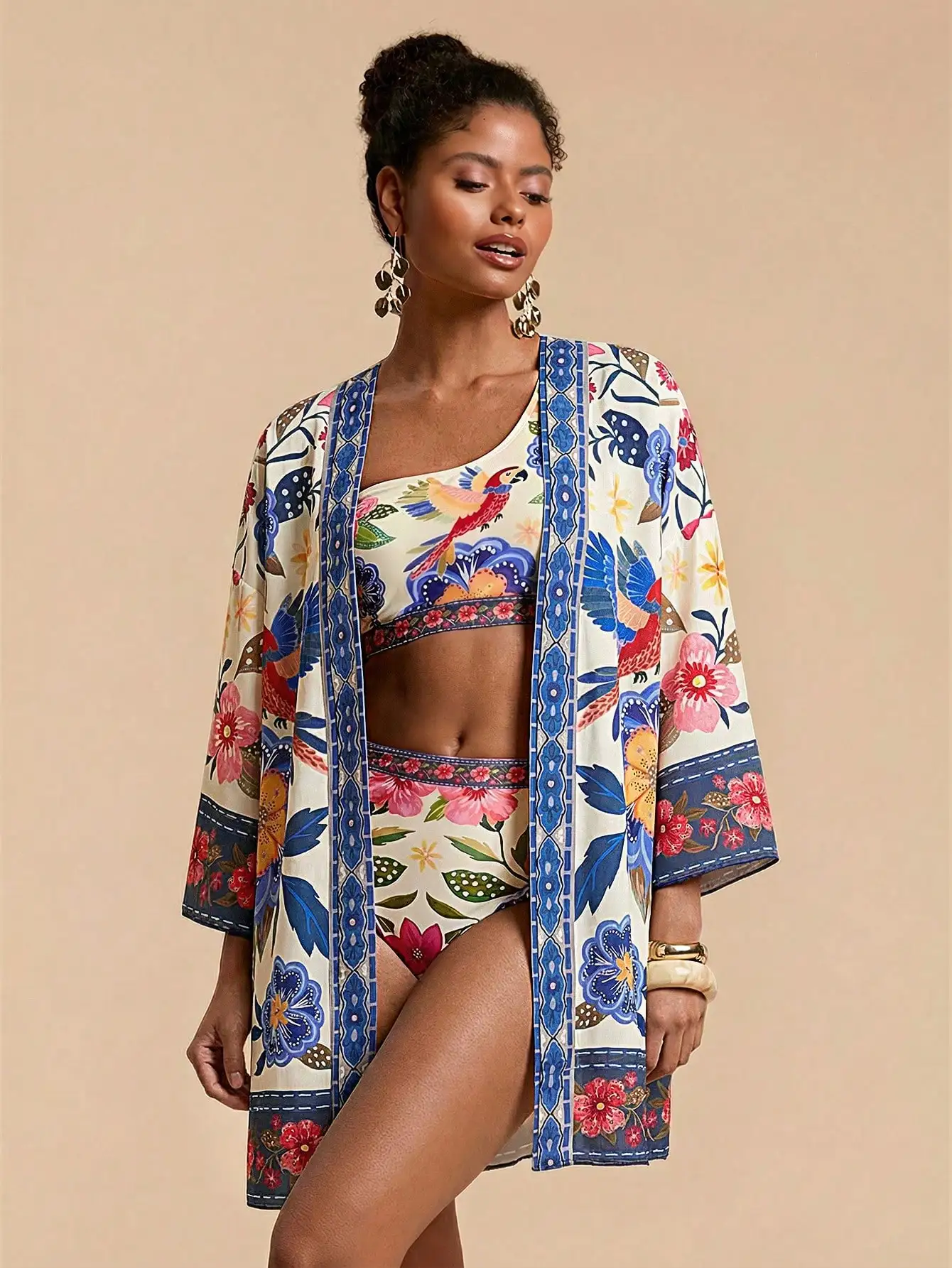 

Women's Floral Parrot Print Loose Kimono Cover Up Beachwear