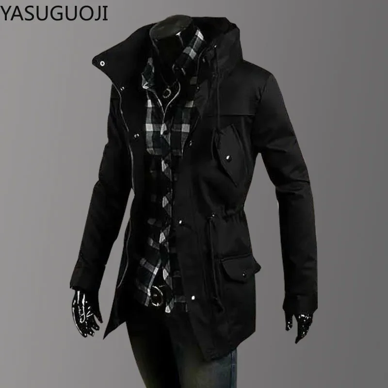 YASUGUOJI New 2025 Men's Trench Coats Outerwear Military Cargo Jacket Men Windbreakers Male Classic Slim Fit Trench Coat Man