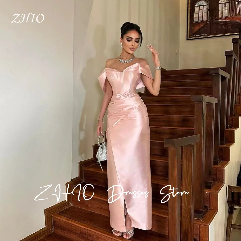 

ZHIO Exquisite Off Shoulder Pleat Evening Dress Sweetheart Pink Taffeta Saudi Arabic Formal Occasion Party Gown Customized