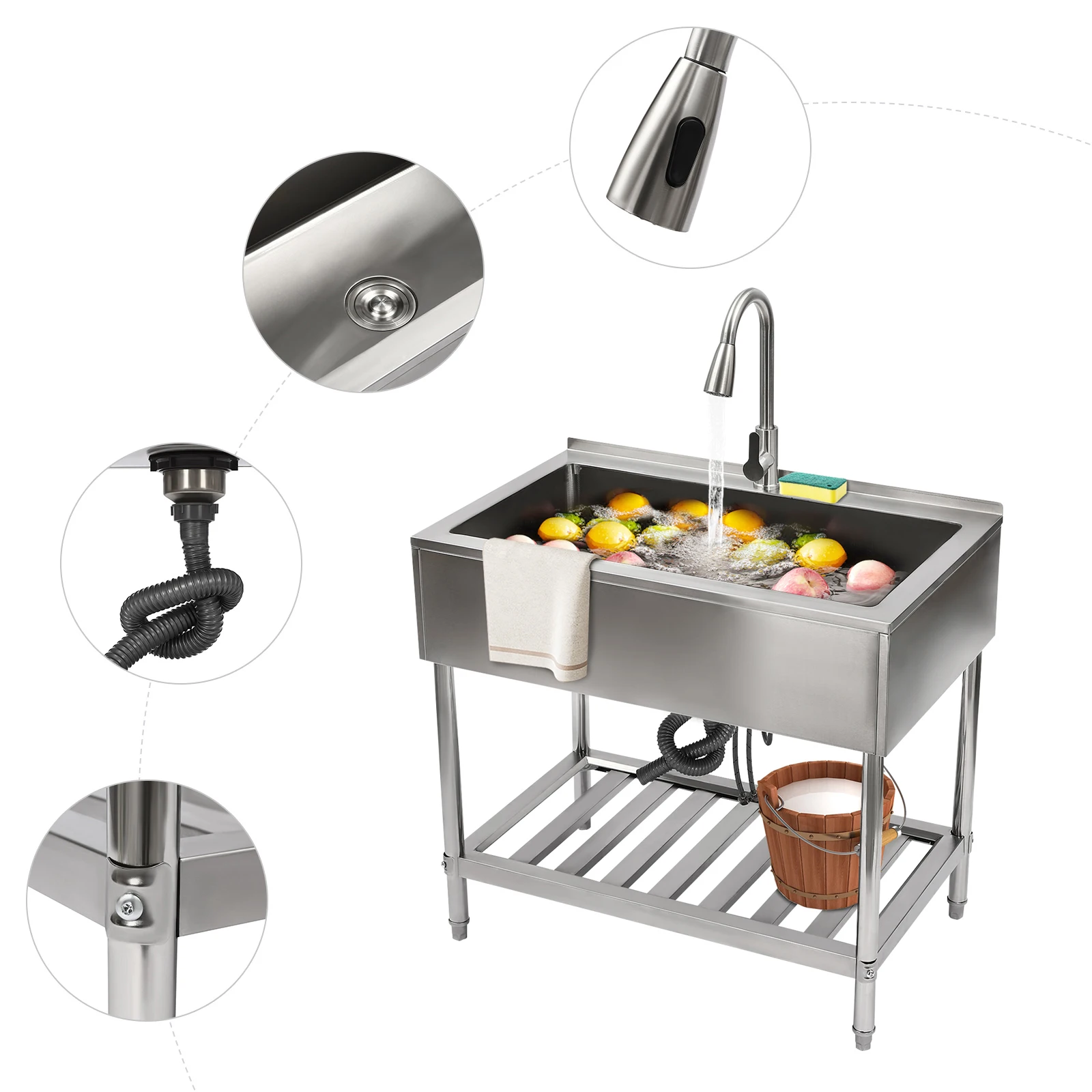 Stainless Steel Utility Sink with Faucet, Shelf & Drainboard for Laundry Garage Restaurant Outdoor 35.8x21.8