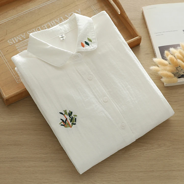 Women's white shirt cotton yarn leaves embroider long sleeve shirt woman autumn Japan style autumn clothing women tops