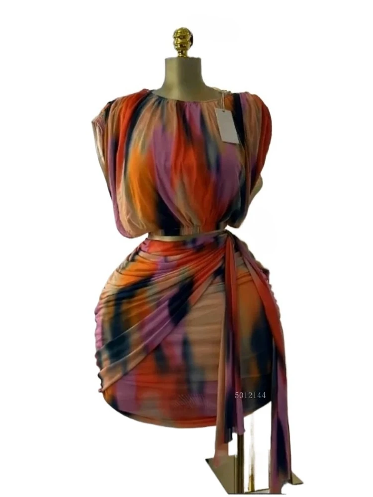 

Women's Tie Dye Ruched Short Sleeve T-Shirt And Stacked Mini Skirt 2-Piece Set Outfit 2025 Fashion Two-Piece Set