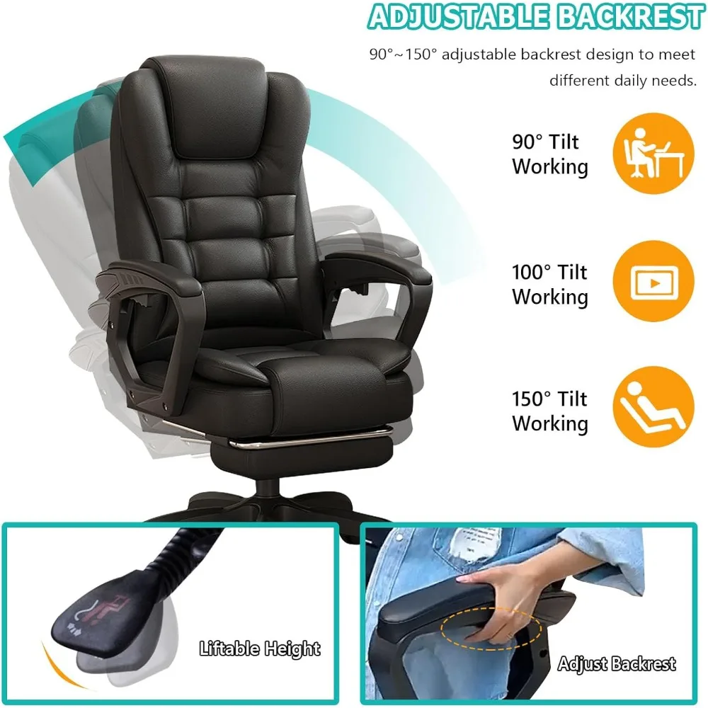 كرسي مكتب مريح من جلد البولي يوريثان مع مسند للقدمين، كرسي مكتب تنفيذي عالي الظهر للكمبيوتر مع وظيفة إمالة ومساند للذراعين، الارتفاع