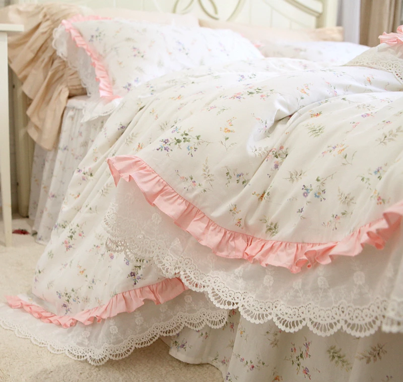 Bedding Set Cotton Romantic Linens Ruffle Lace Bedding Set Rose Print Duvet Cover Set Princess Cotton Queen Bedding Set Sheet