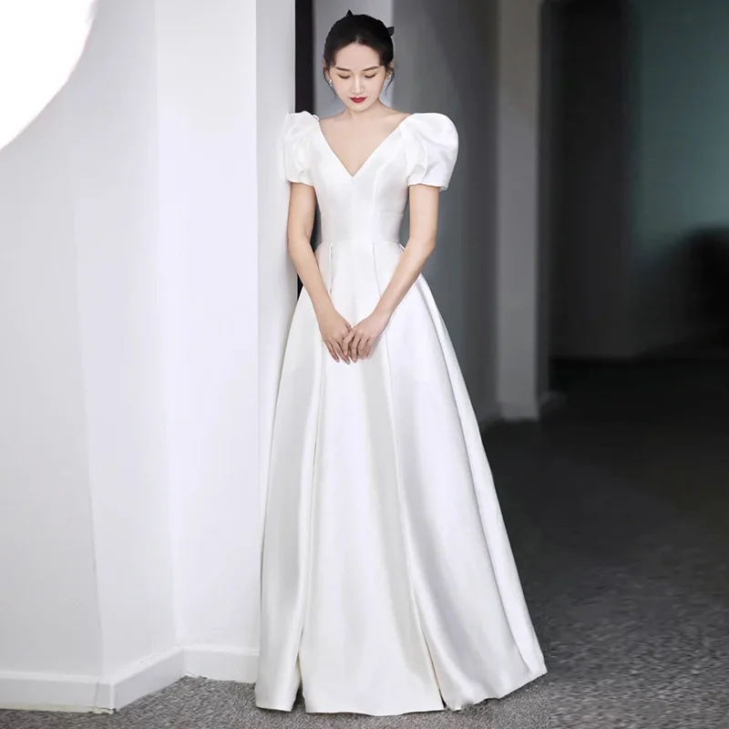 

Beauty-Emily White Modern Simple Wedding Dress Short Sleeves V Neck Spring Women Bridal Gowns Satin Marriage Dress Elegant 2023