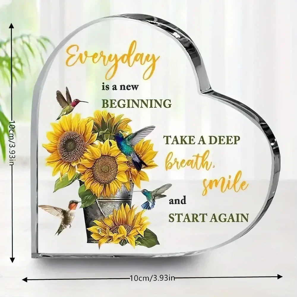 Farm Floral Sunflower Hummingbird Heart Shaped Acrylic Ornament Encouragement Tabletop Keepsake