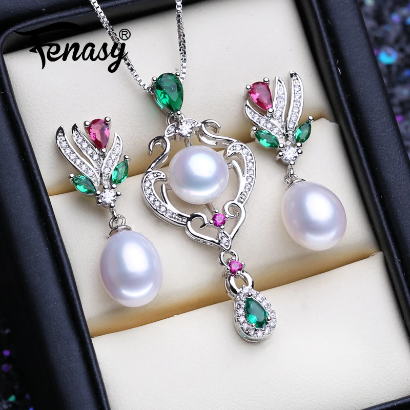 

FENASY, комплекты украшений из стерлингового серебра 925 пробы с натуральным пресноводным жемчугом, подвеска с рубином, ожерелье, серьги-гвоздики, подарки для женщин