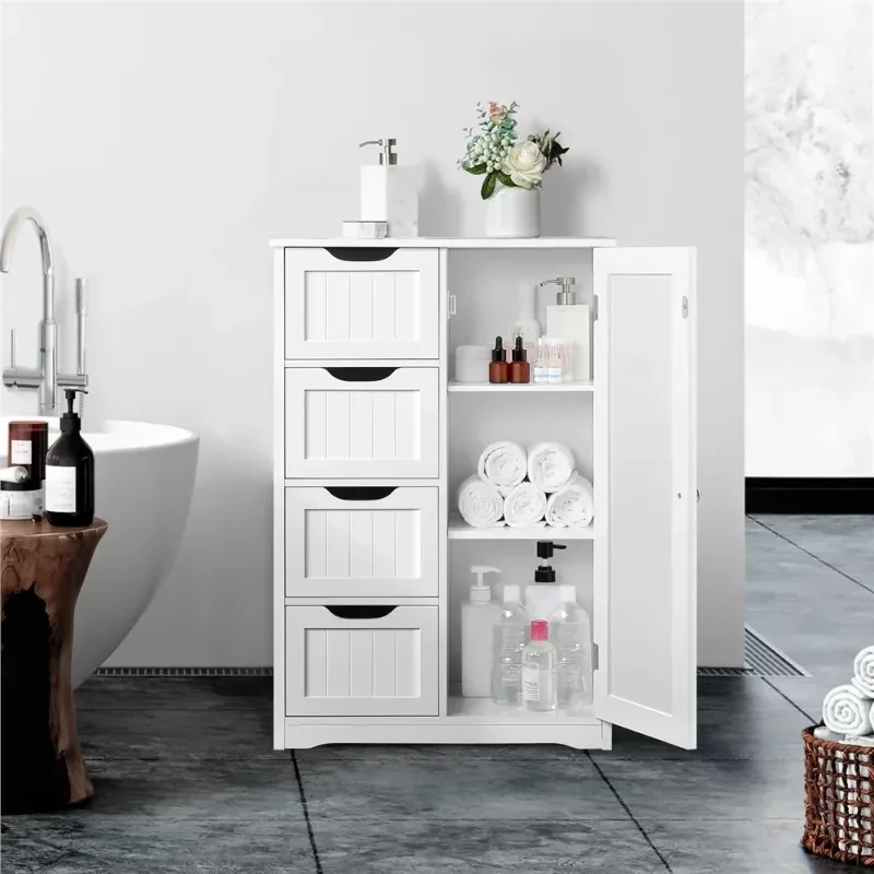 

Alden Design Wooden Bathroom Storage Cabinet with 4 Drawers & Cupboard, White