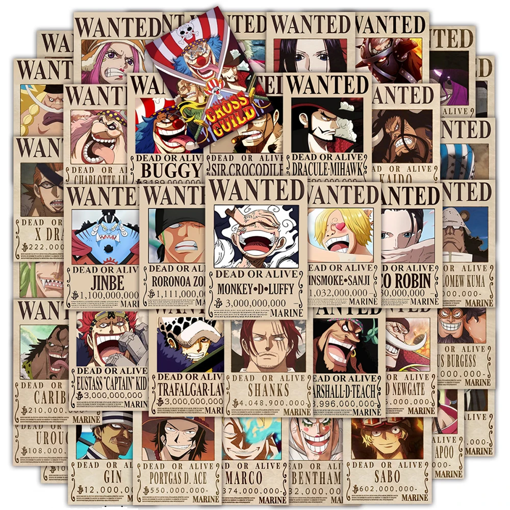 10/30/50 Uds. Cool Anime una pieza Wanted carteles pegatinas DIY portátil teléfono coche motocicleta pegatina impermeable niños juguetes clásicos