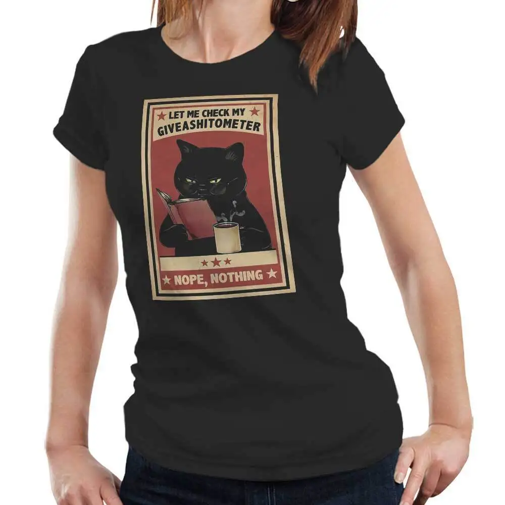 Let Me Check My Giveashitometer Fitted Ladies T Shirt Funny Cat Retro Vintage