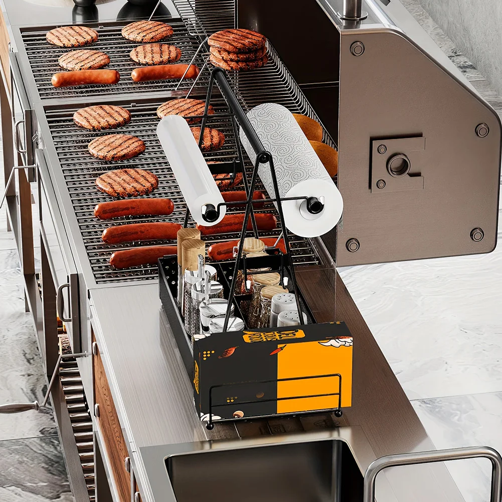 

BBQ Utensil Caddy with Paper Towel Picnic Grill Condiment Caddy BBQ Accessories Storage Organizer for Picnic Condiment Utensil