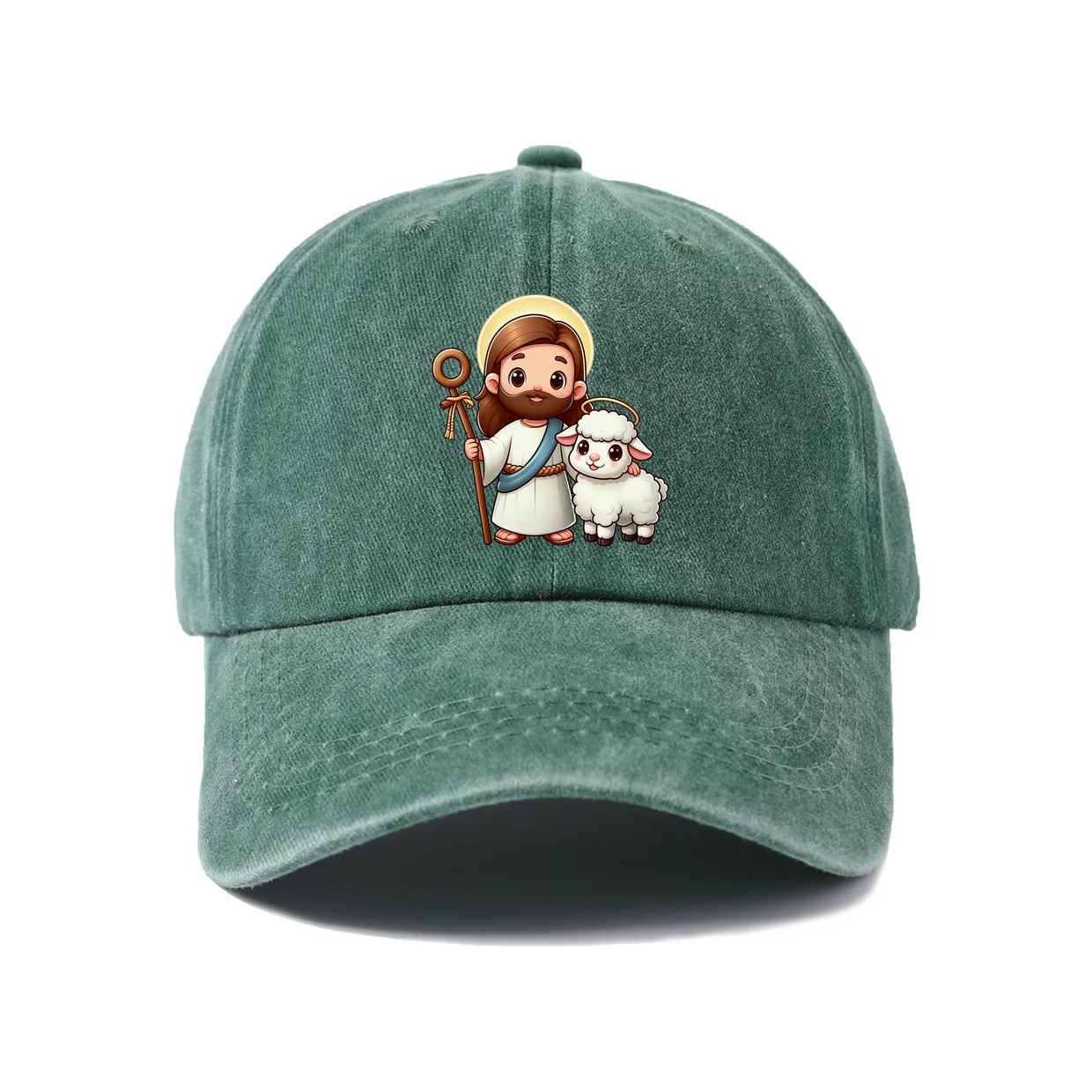 Cute Jesus Shepherd With Lamb Graphic Vintage Washed Baseball Cap, Adjustable Unisex Dad Hat, Casual Gift