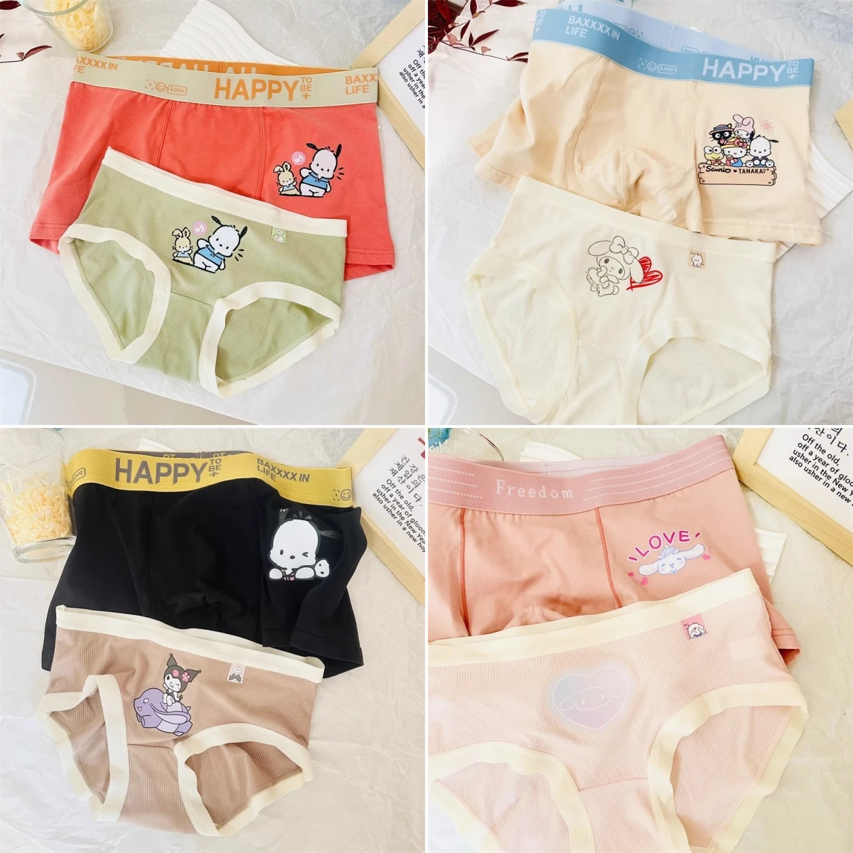 

2pcs Anime Cinnamoroll Pochacco Kitty Kuromi Couples Cotton Underwear Suit Cartoon Soft Men Boxers Women Briefs Underpants Gift