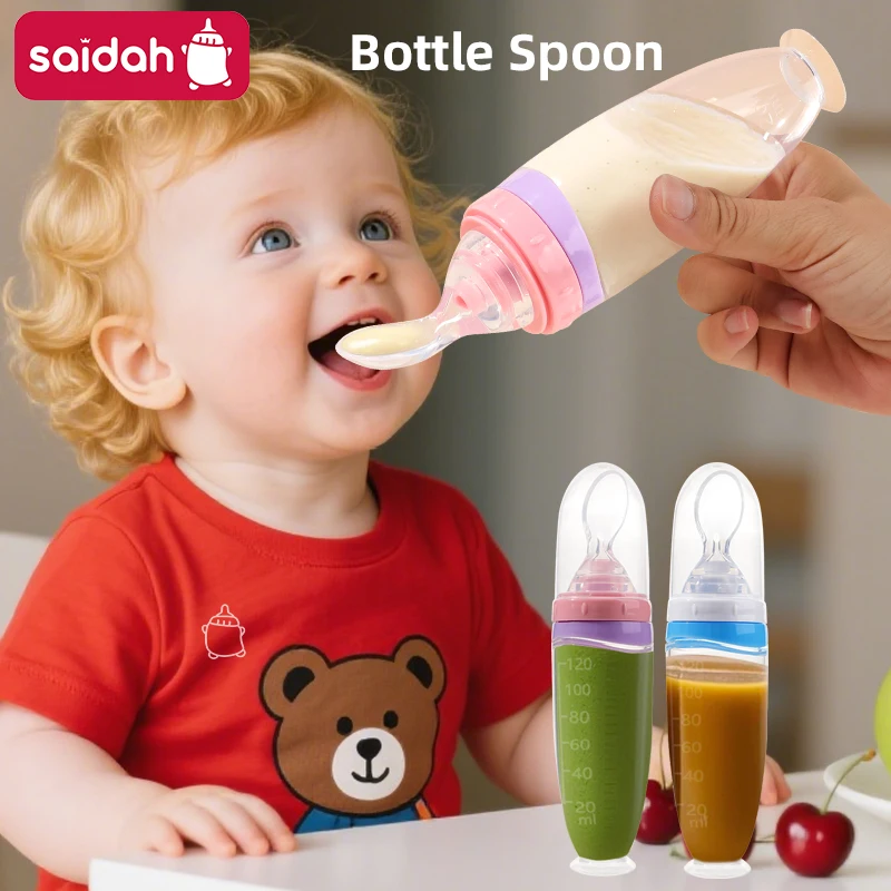 120 ML/4 oz Infant Baby Liquid Silicone Food Squeeze Feeder | Fruit Puree & Rice Paste Dispenser | Detachable Spoon