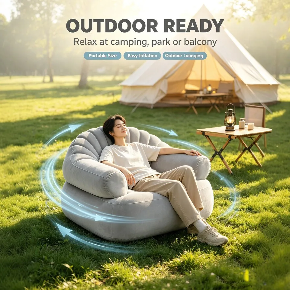 Built-in Electric Pump Sofa Flocked PVC Folding Lazy Recliner Inflatable Leisure Sofa For Camping And Home Use