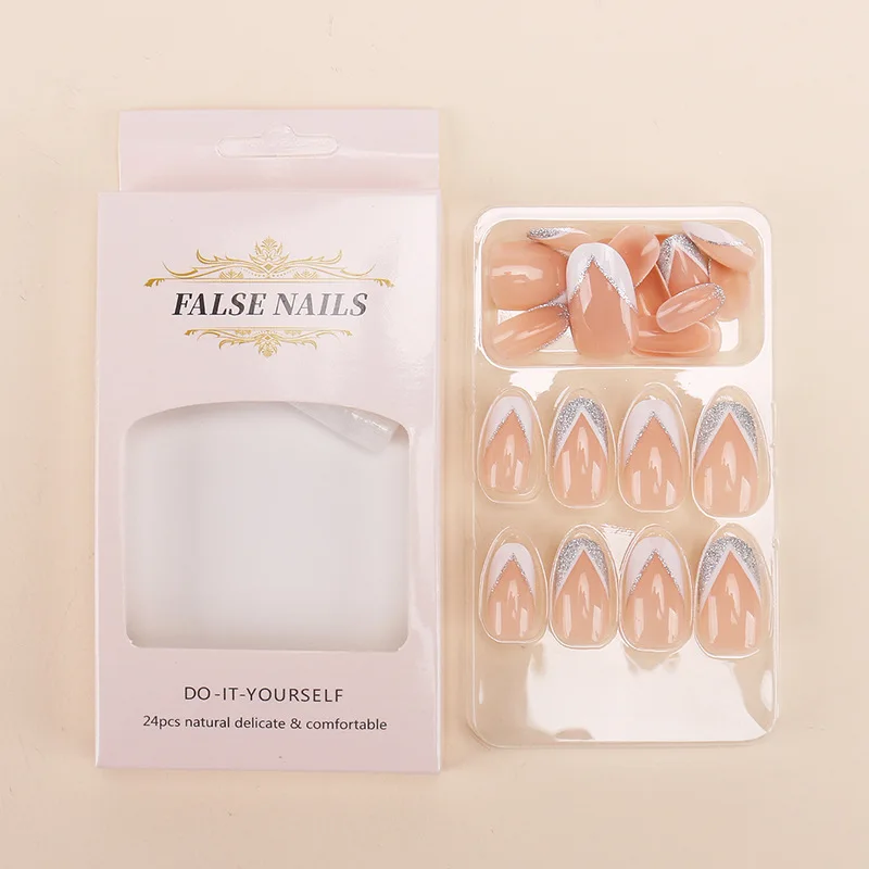 Uñas postizas en polvo con purpurina para mujer, uñas postizas cortas francesas, blancas, extraíbles, a presión, con Gel de gelatina, 24 piezas