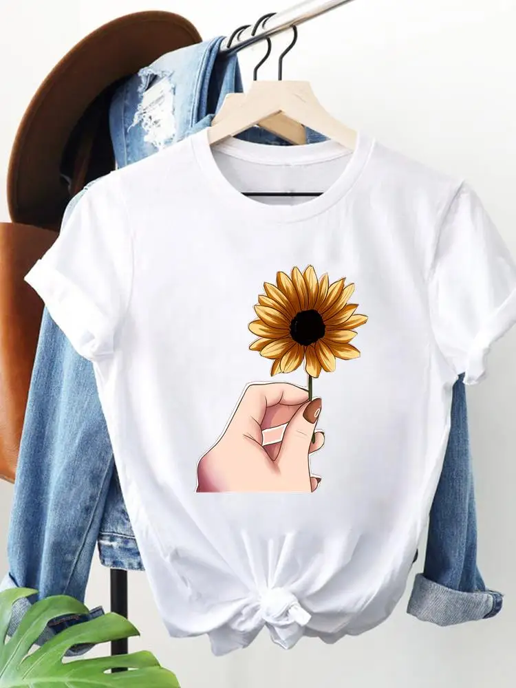 Doce flor estilo impressão camiseta gráfica impressão superior manga curta mulher casual camisetas moda roupas femininas