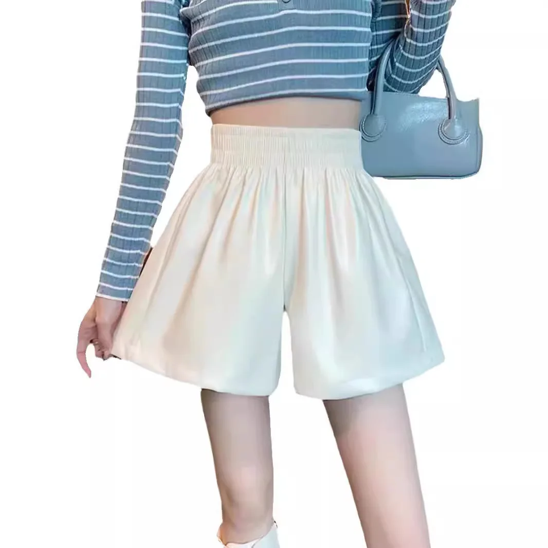 Bla PU レザーハイウエストワイドレッグパンツ女性のカジュアル Sle ort orts 秋冬ファイオン痩身 A ラインスキニー