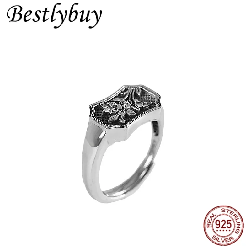 

NEW 999 Silver Hollow Relief Flower Ring With Original Female Design Retro Thai Silver Adjustable Jewelry