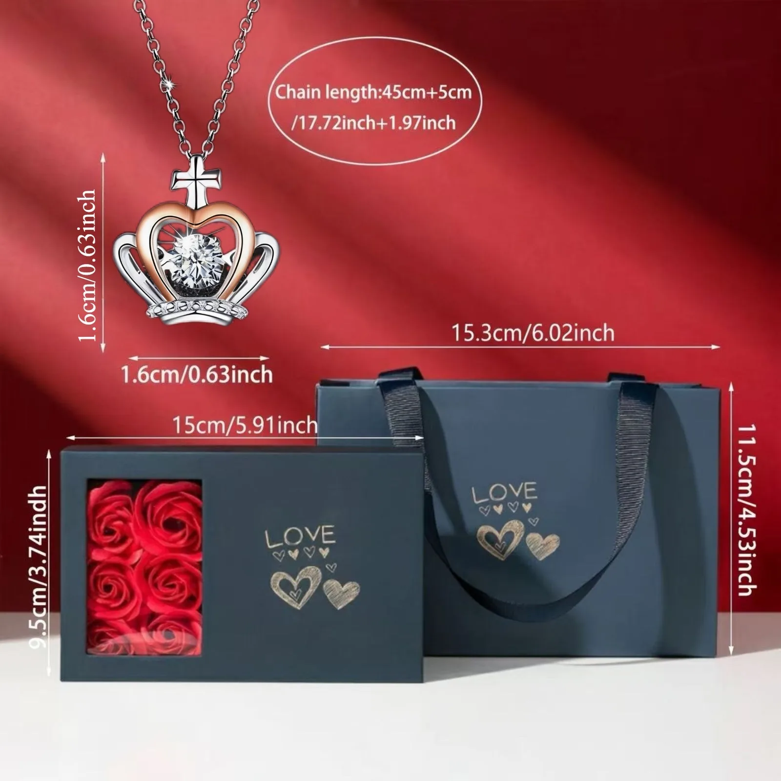 مجموعة قلادة التاج الوردي الأنيقة | 6 ورود + قلادة التاج + علبة هدية بطاقة تهنئة | مجموعات هدايا مجوهرات راقية أنيقة #4